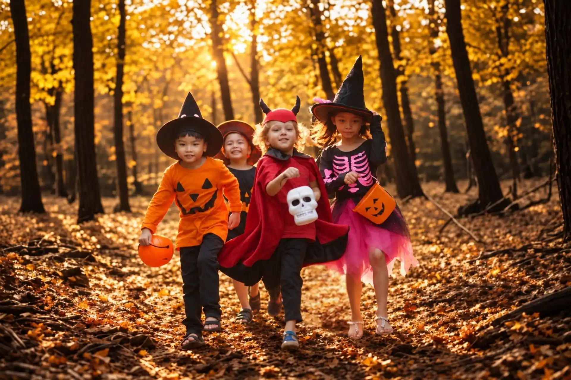 A group of children in Halloween costumes trick-or-treating along a wooded path in the fall.