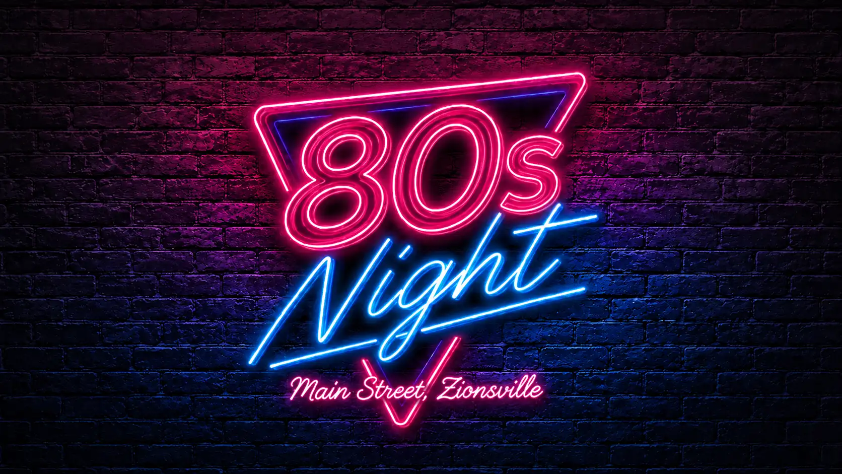 Neon “80s Night” sign over the brick Main Street in downtown Zionsville, with illuminated storefronts and colorful reflections at night.