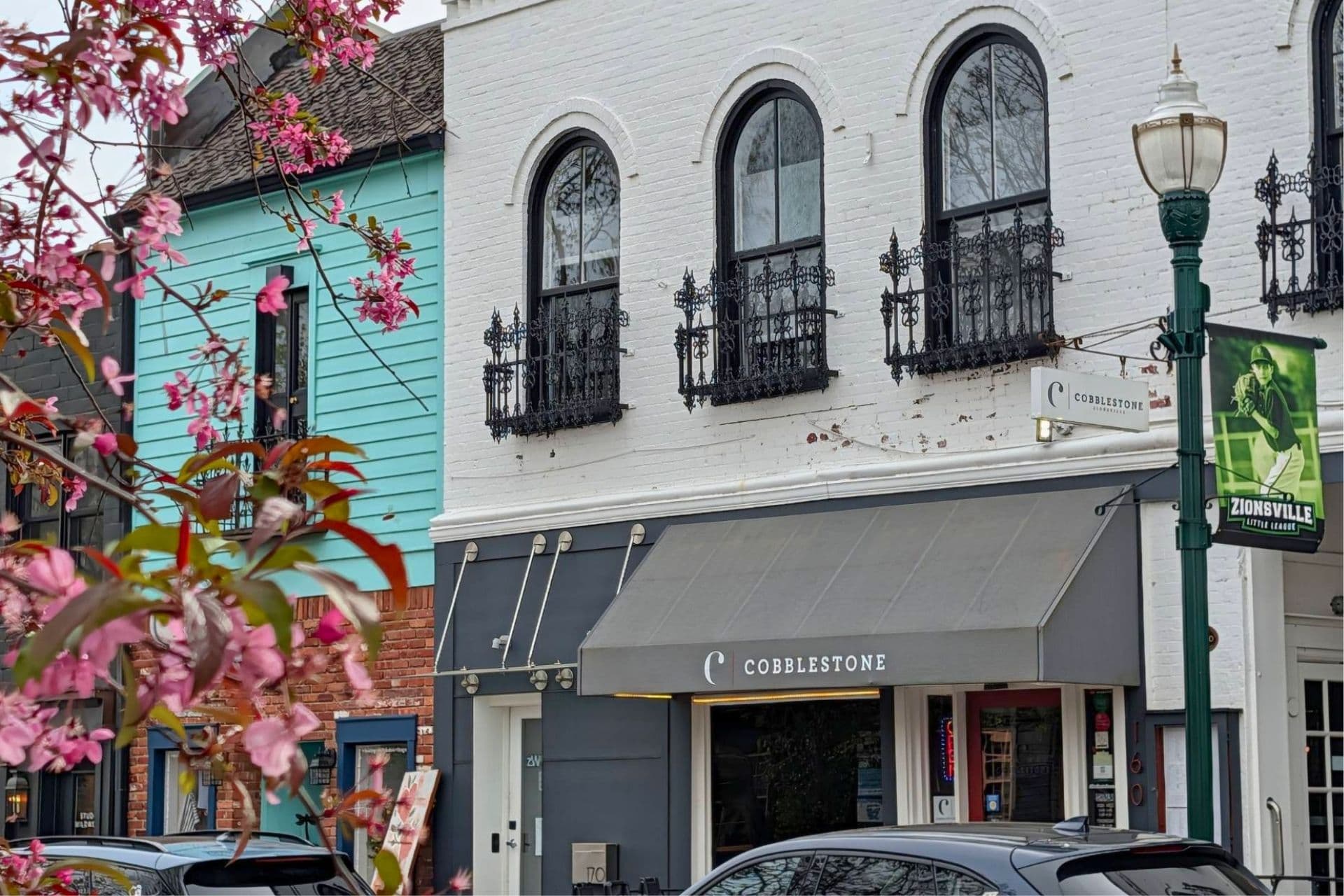 Evening along brick-lined Main Street in Zionsville