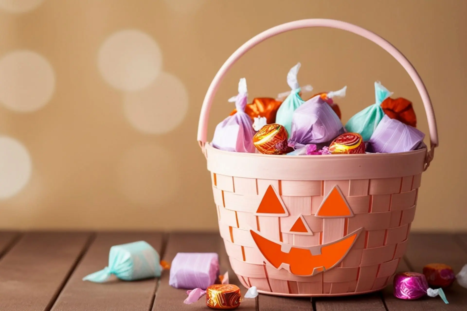Pink jack-o'-lantern Halloween basket filled with wrapped candy, with additional treats scattered across a wooden table.