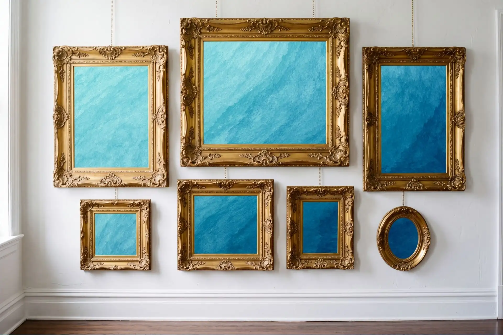 Ornate gold picture frames displaying blue artwork on a white gallery wall.