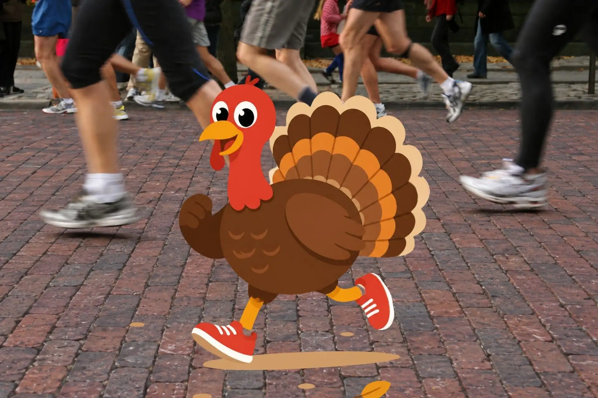 Gravy Chase Thanksgiving Day race graphic featuring a running turkey on a brick street in downtown Zionsville, Indiana.