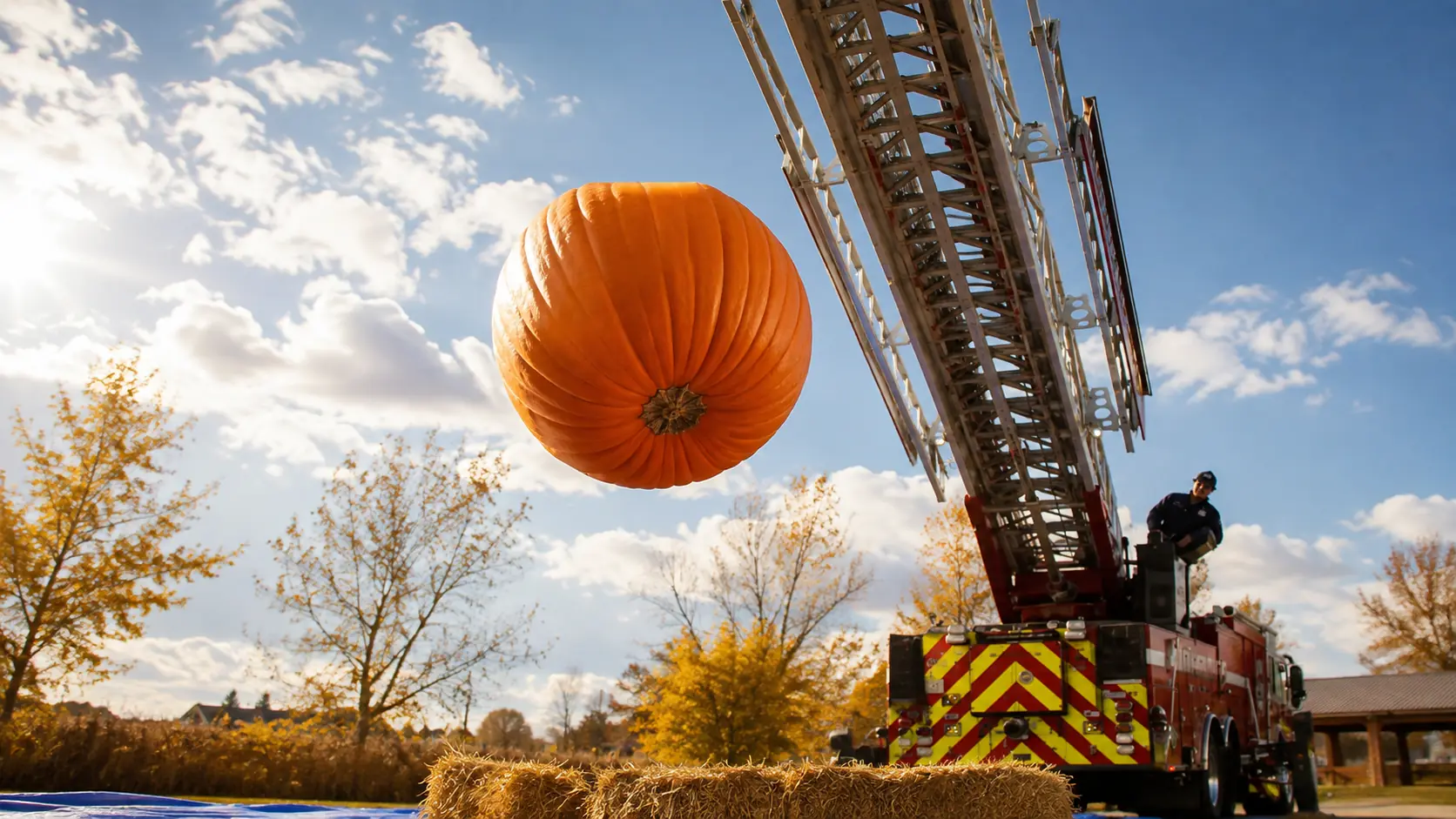 Large pumpkin falling mid-air from an extended fire truck ladder toward hay bales, representing the annual Smashin' Pumpkins event in Zionsville, Indiana.