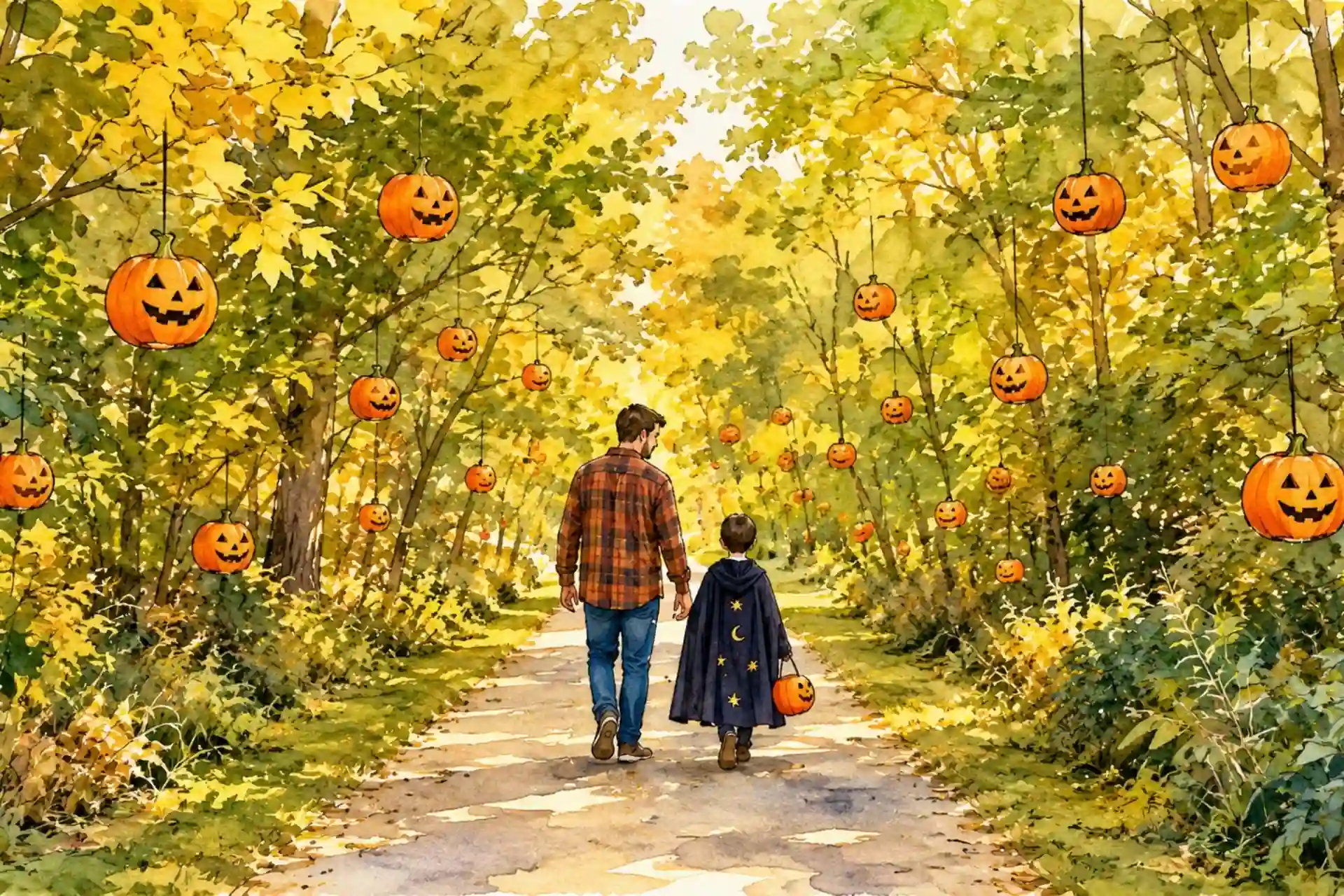 Watercolor illustration of a parent and child in costume walking along a wooded trail framed by yellow autumn leaves and hanging jack-o’-lanterns at Elm Street Green in Zionsville, Indiana.
