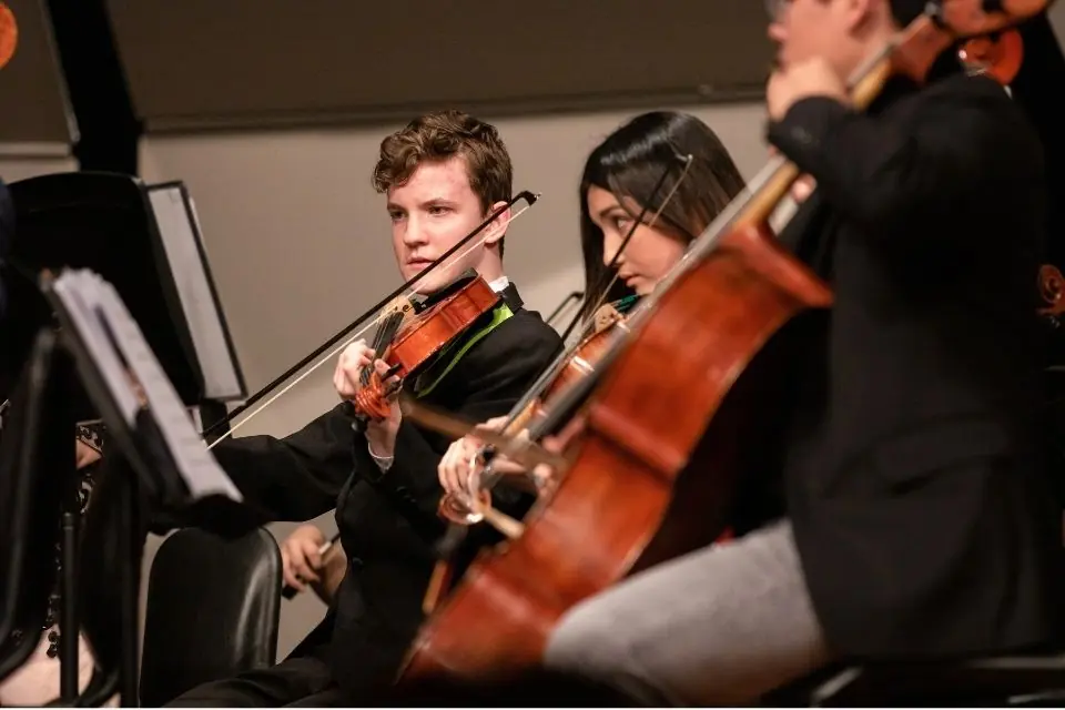Orchestra musicians performing on violin and cello.