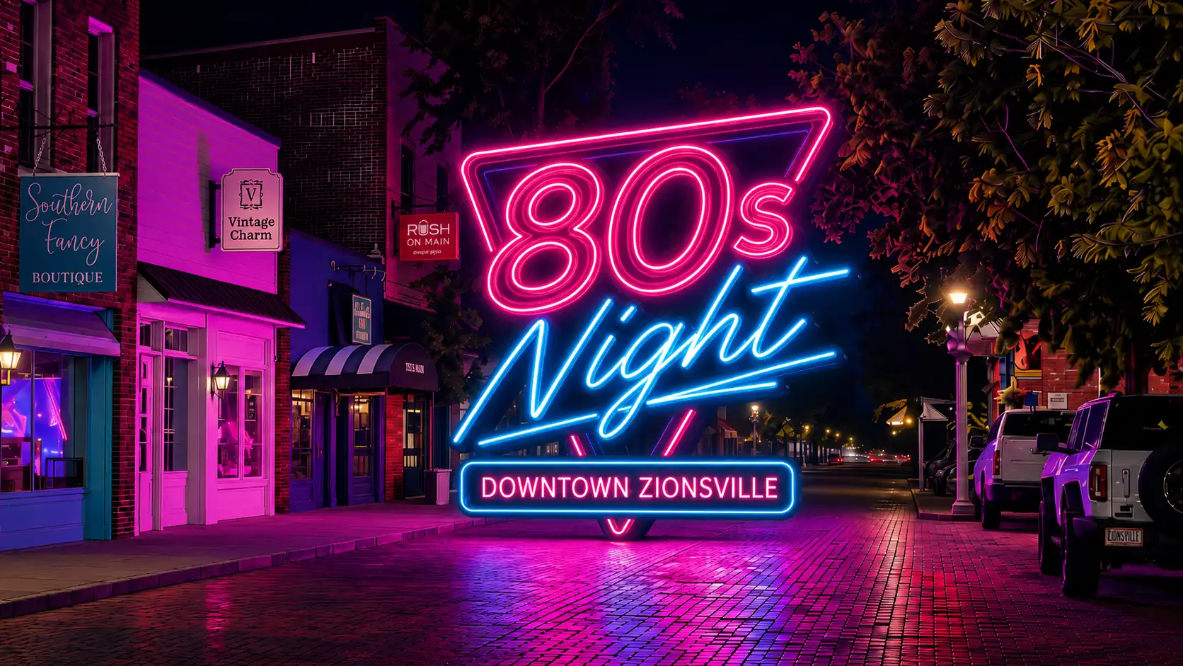 Neon “80s Night” sign over the brick Main Street in downtown Zionsville, with illuminated storefronts and colorful reflections at night.