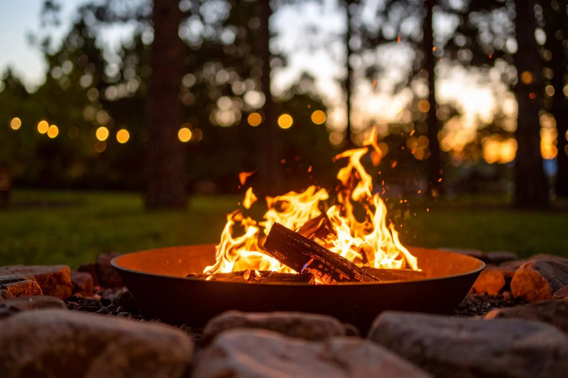 Campfire burning in a fire pit among trees at sunset.