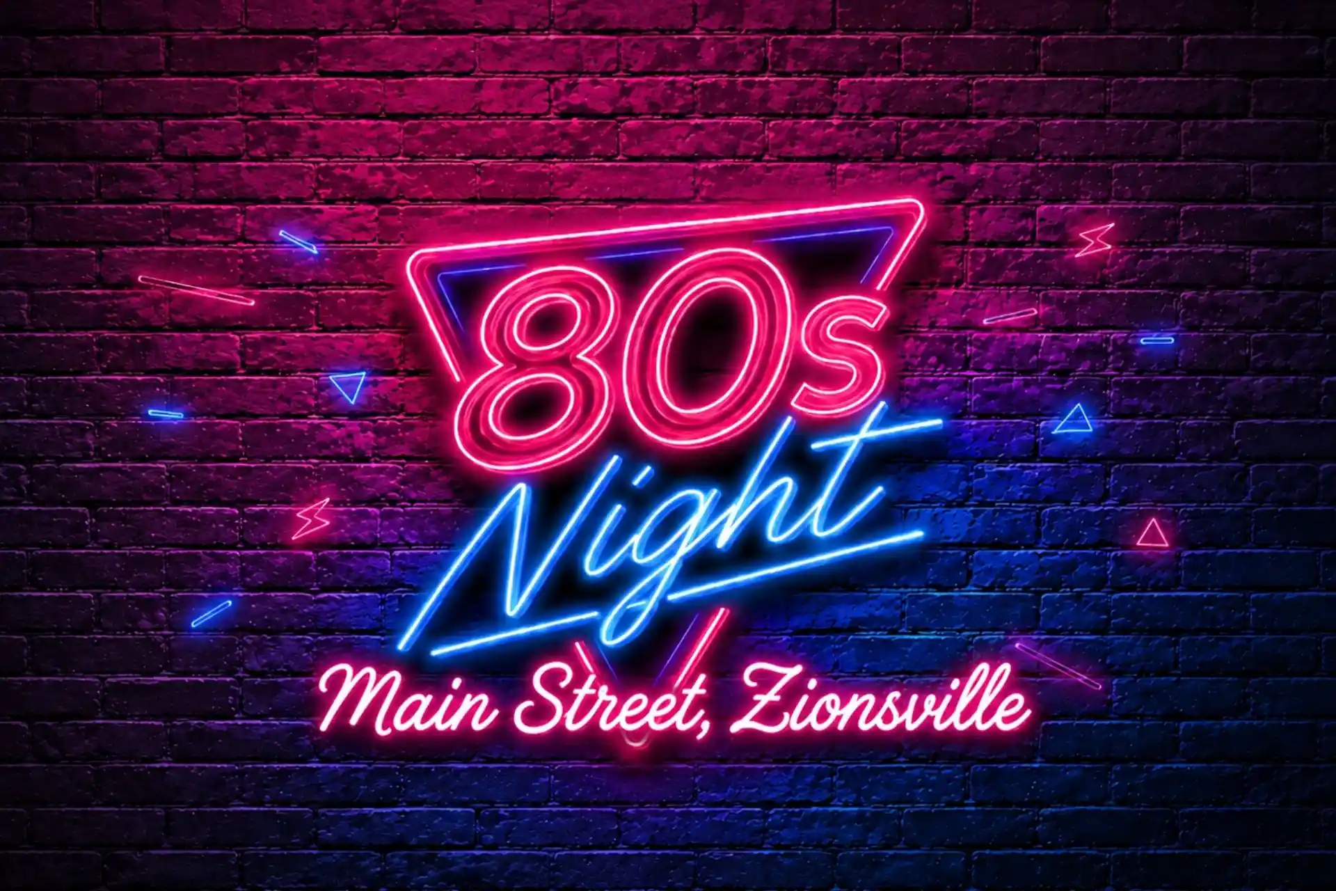 Glowing pink and blue neon sign reading "80s Night Main Street, Zionsville" on a dark brick wall.