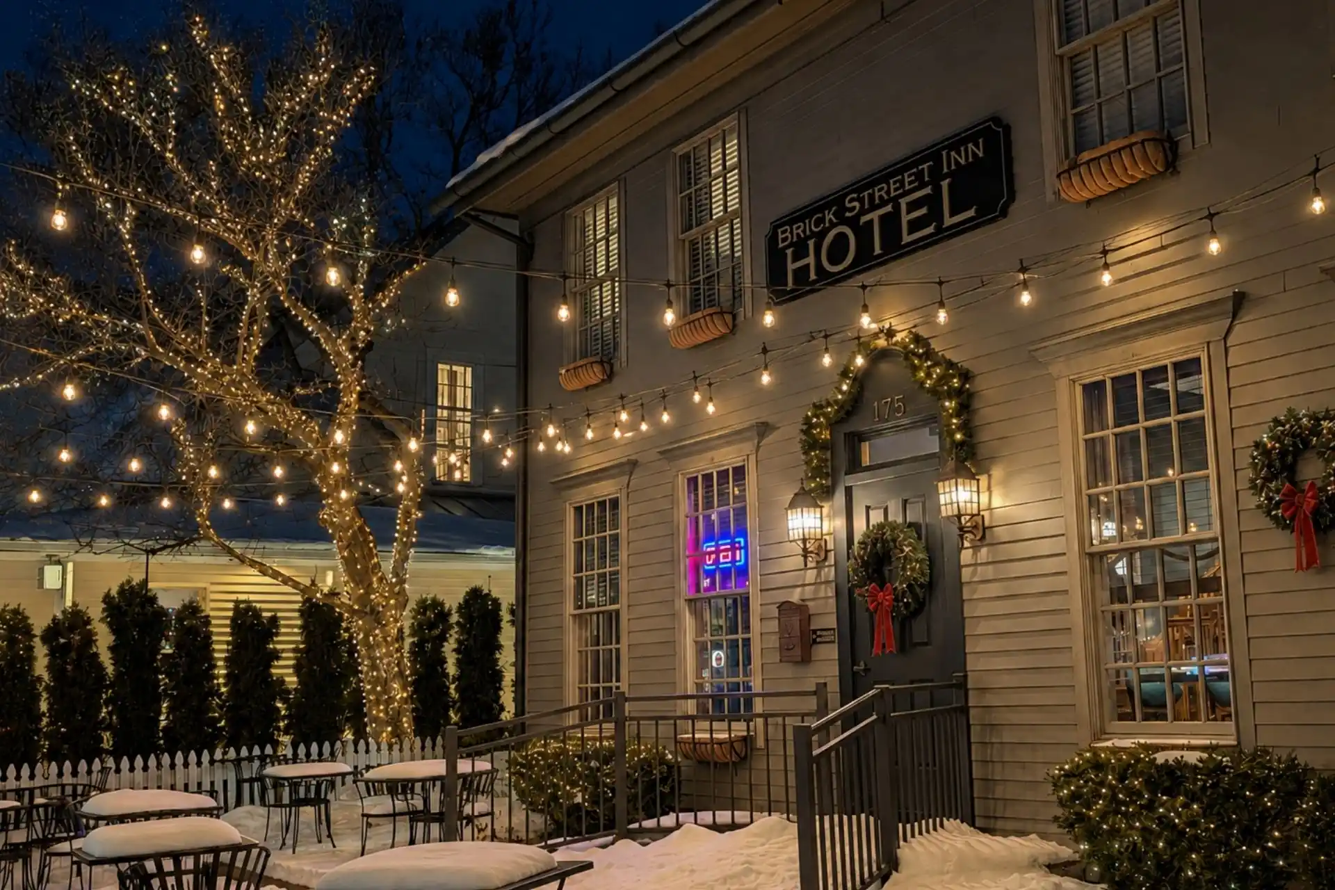 Exterior of the Brick Street Inn at night in Zionsville, Indiana, decorated with holiday string lights, Christmas wreaths, and snow-covered outdoor patio seating.