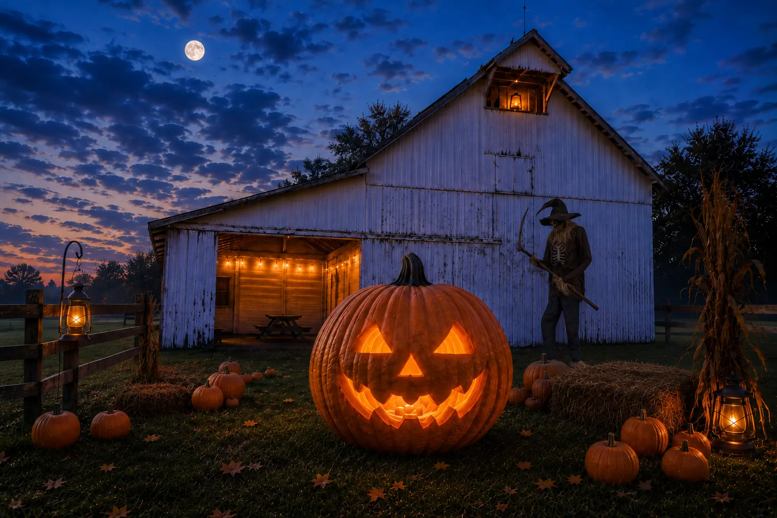 Large illuminated jack-o’-lantern and wooden Fright Nights sign outside the white barn at Maplelawn Farmstead under a full moon in Zionsville, Indiana.