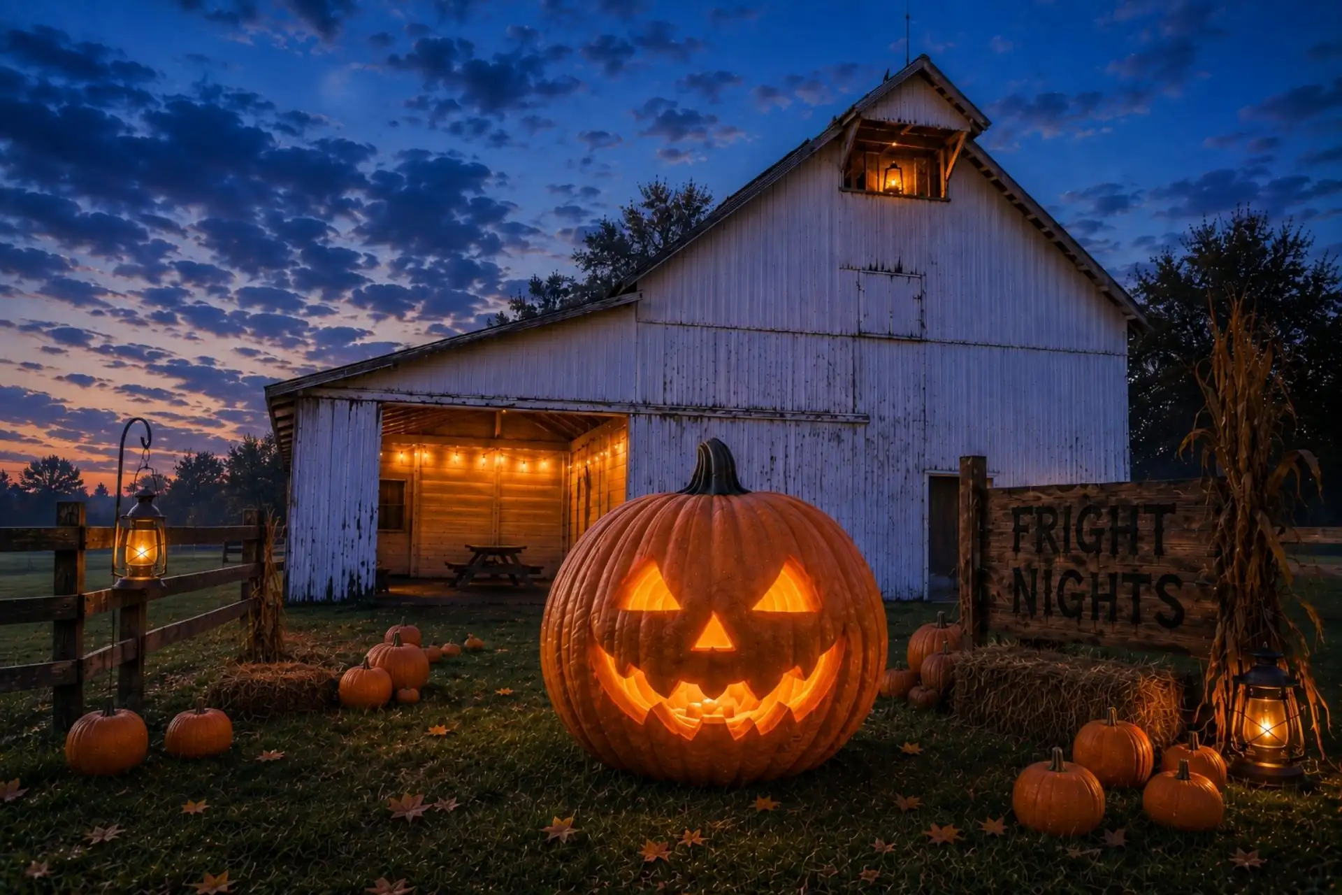 Large illuminated jack-o'-lantern and wooden Fright Nights sign outside the white barn at Maplelawn Farmstead under a full moon in Zionsville, Indiana.
