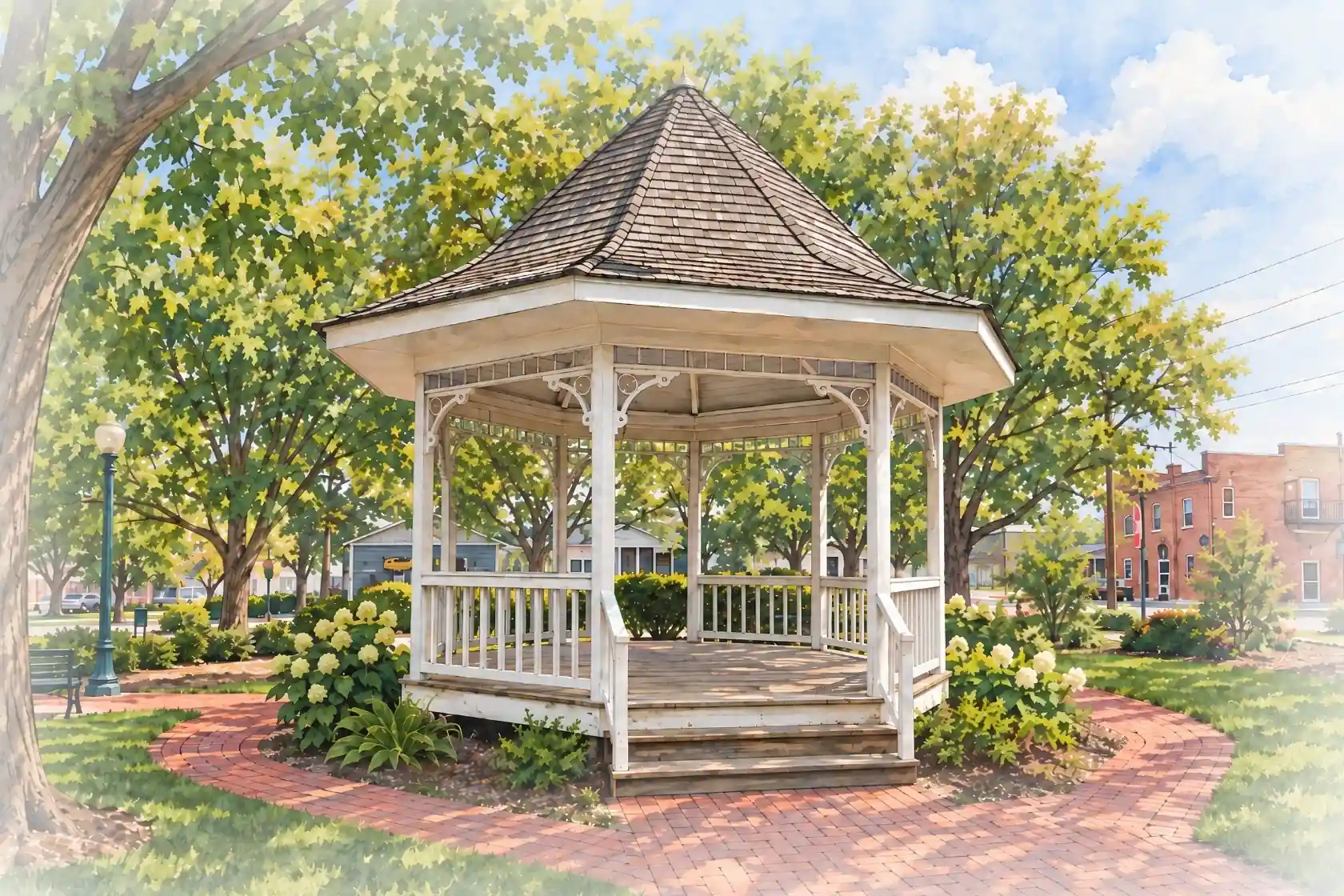 Illustration of the gazebo at Lincoln Park in downtown Zionsville
