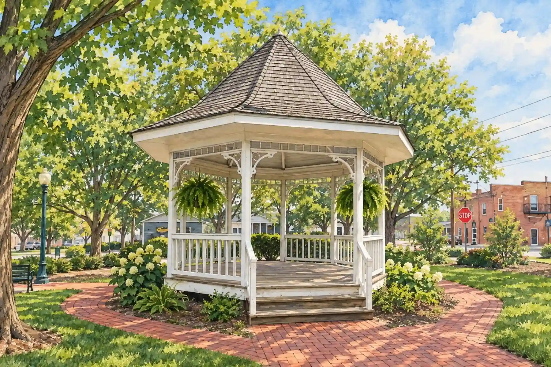 Illustration of the gazebo at Lincoln Park in downtown Zionsville