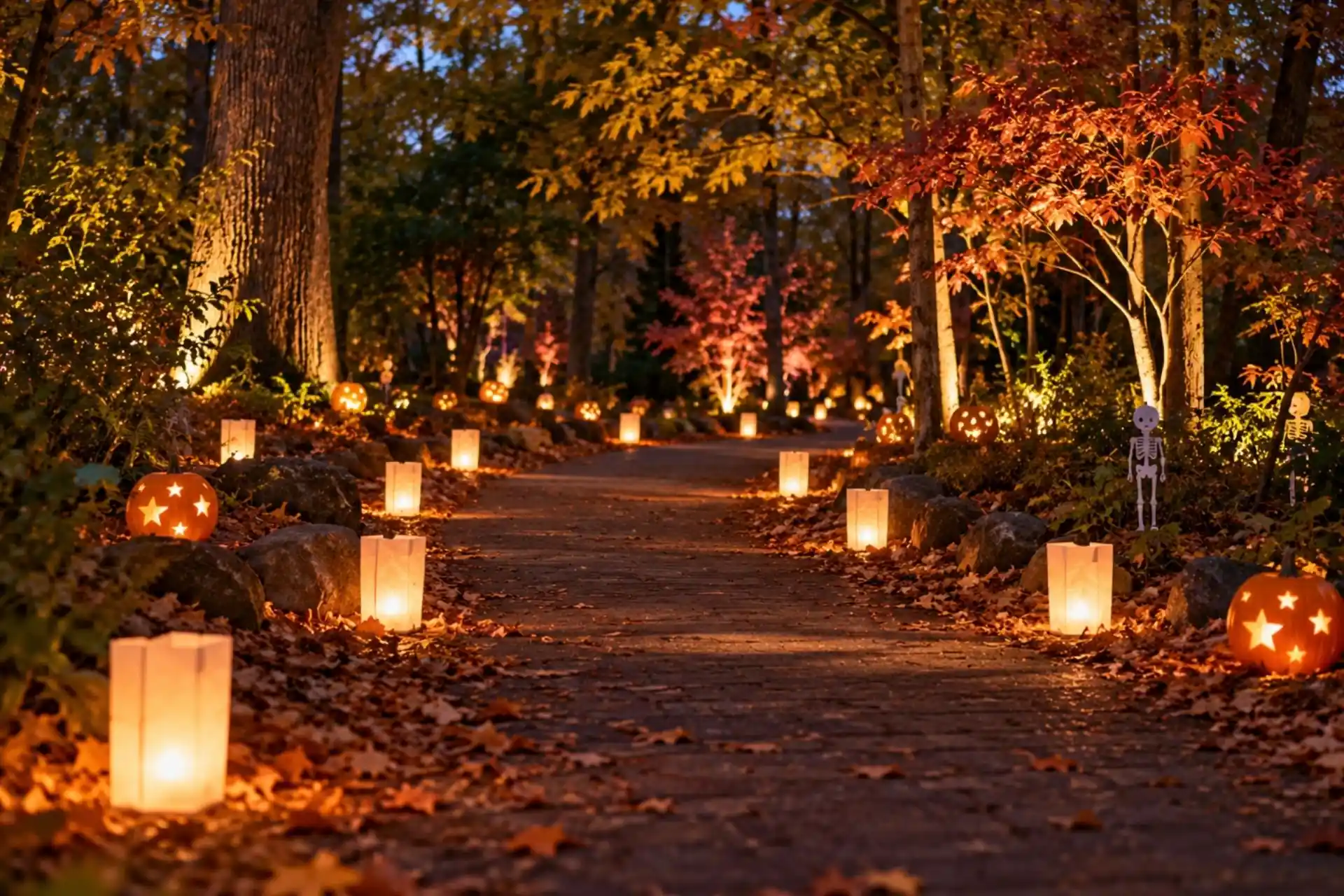 A nighttime woodland path covered in fall leaves, beautifully lit by warm candle luminaries and star-patterned jack-o'-lanterns to create a magical autumn atmosphere.