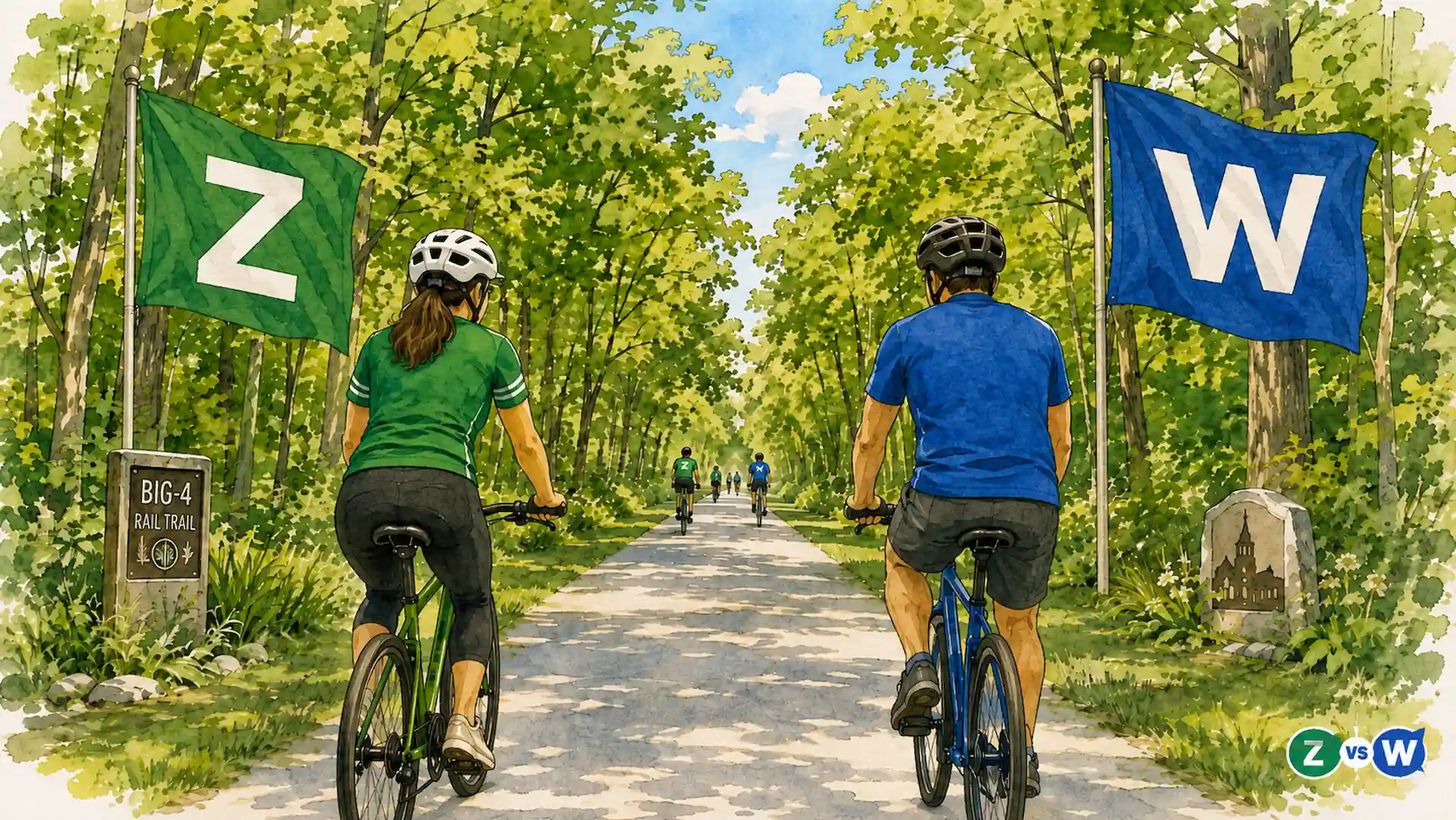 Illustration of two cyclists riding along the tree-lined Big-4 Rail Trail beneath green Zionsville and blue Whitestown flags for the Town Showdown competition.