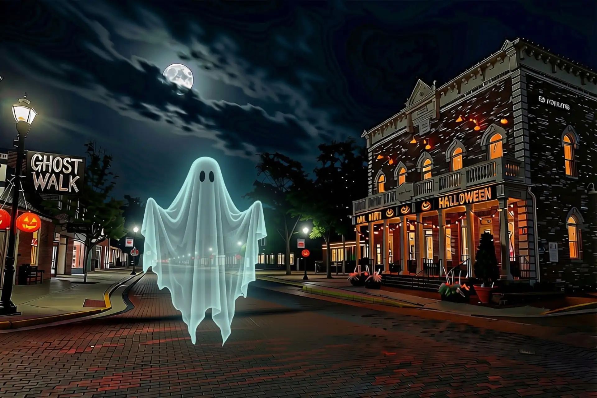 GhostWalk tour vignette on Main Street in the historic Village of Zionsville, Indiana