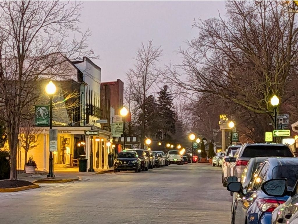 An evening scene along Main Street in Zionsville