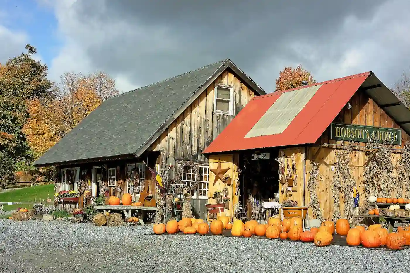 A rustic wooden farm market building with pumpkins and corn stalks displayed outside along a gravel drive.