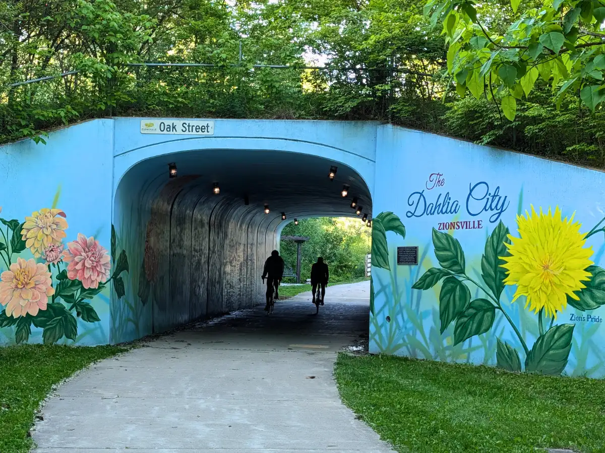 Silhouetted cyclists riding through the illuminated concrete Oak Street tunnel on the Big-4 Rail Trail, featuring a light blue mural painted with vibrant yellow and pink dahlias and the text "The Dahlia City Zionsville".