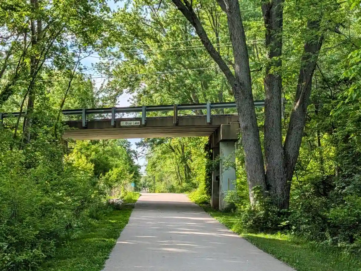 The paved Big-4 Rail Trail path continuing underneath the concrete Bloor Lane underpass bridge, surrounded by lush green trees in Zionsville, Indiana.