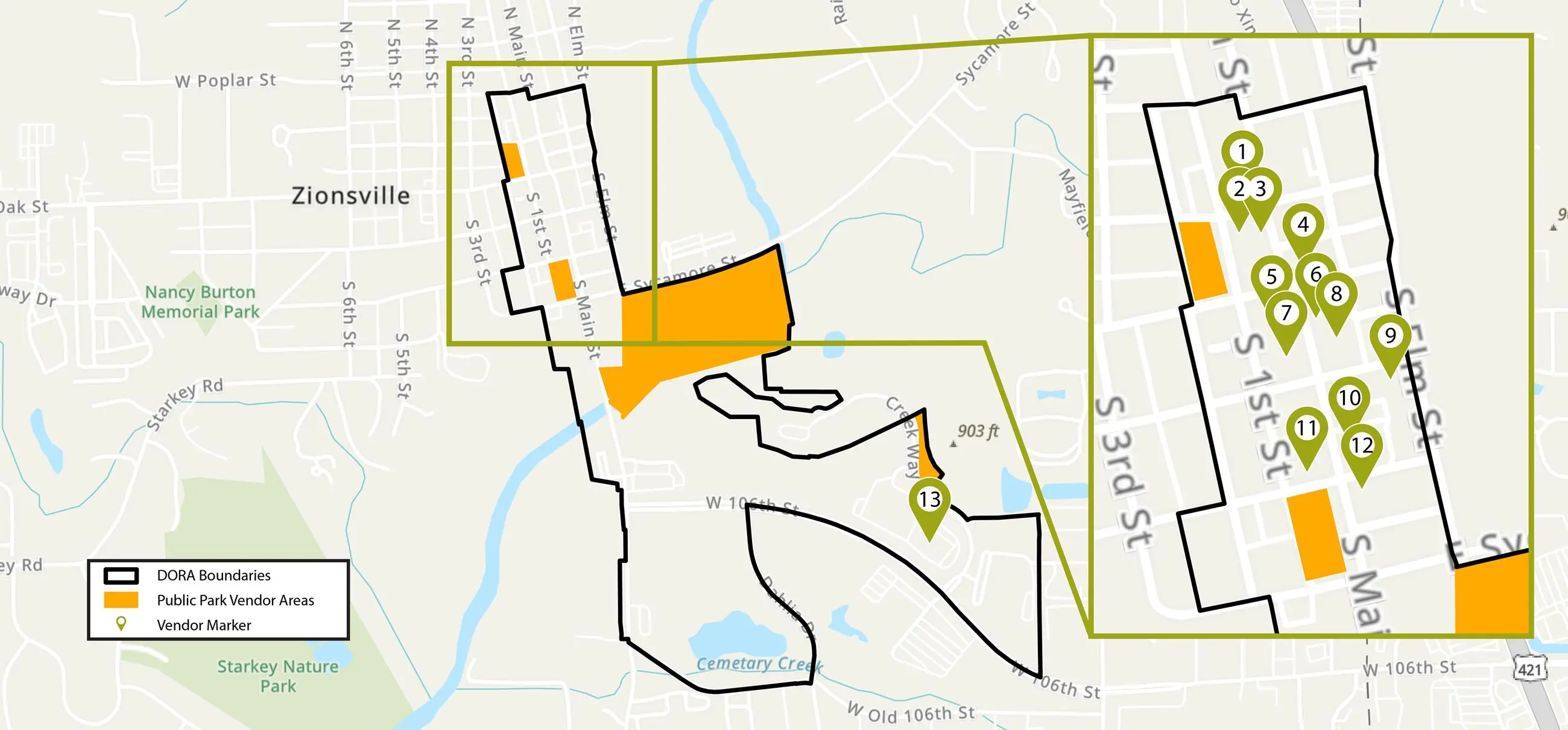A color-coded street map detailing the official district borders and geographic limits of the Designated Outdoor Refreshment Area in downtown Zionsville.