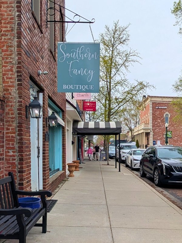 Brick buildings and the sidewalk along Main Street in downtown Zionsville, Indiana, featuring local storefronts, the Southern Fancy Boutique sign, and parked cars under an overcast sky.