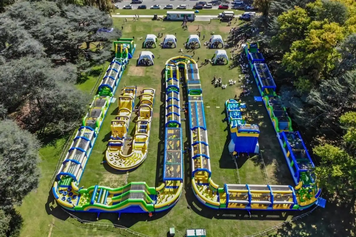 Aerial view of the Tuff Nutterz 1,000-foot inflatable obstacle course.