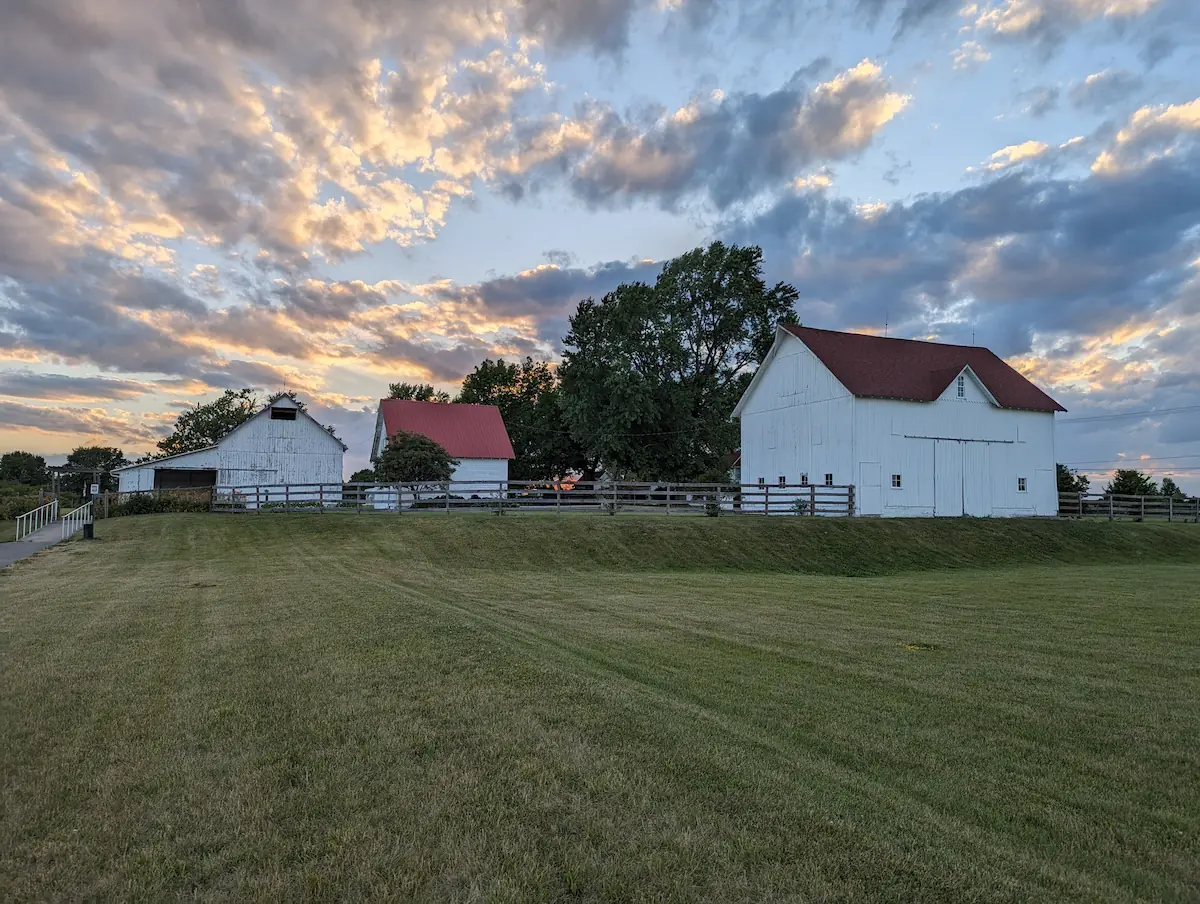 The historic white wooden barns and red roofs of Maplelawn Farmstead at Mulberry Fields Park in Zionsville.