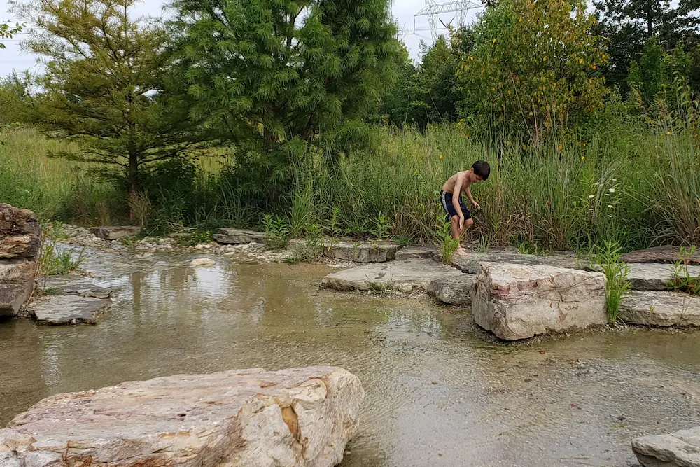 A child walking along the flat stone slabs next to the shallow, man-made creek section at Mulberry Fields Park.